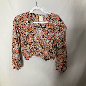 SO Floral Long Sleeve Twist Front Crop Top Blouse‎ Women’s Size L